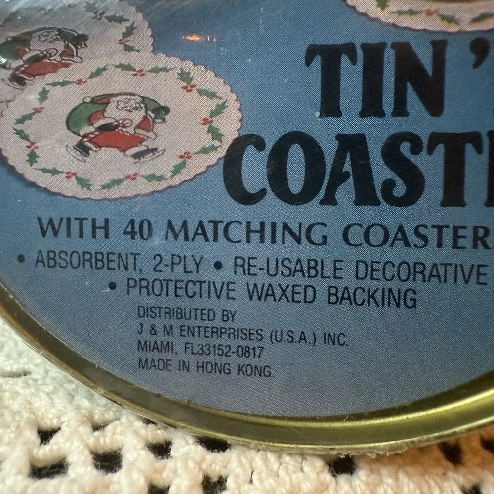 Vintage Santa Coasters with Tin 40 Count Made In Hong Kong New Sealed